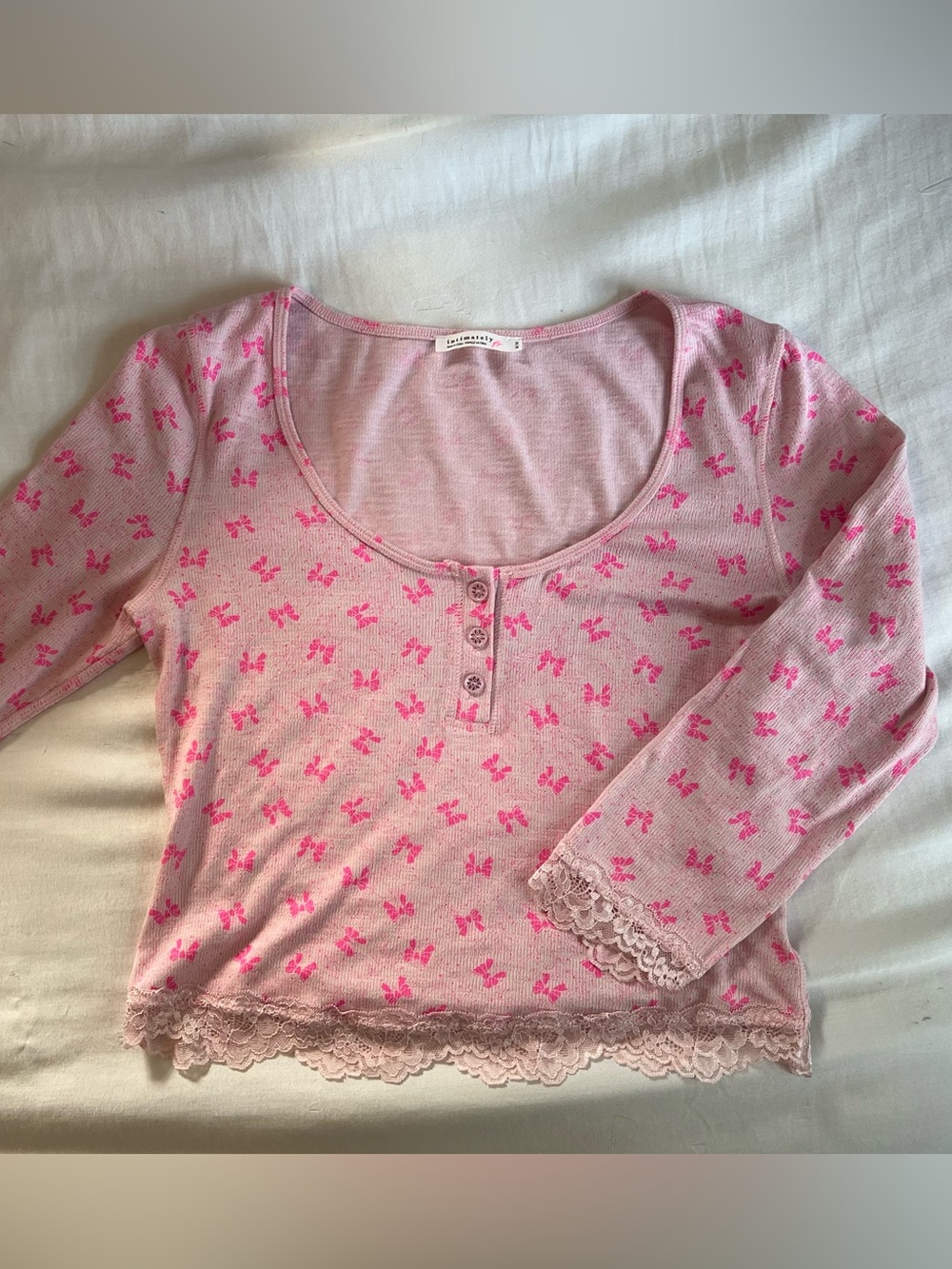 Free people Pink Henley Lace-Trim Quarter Sleeve